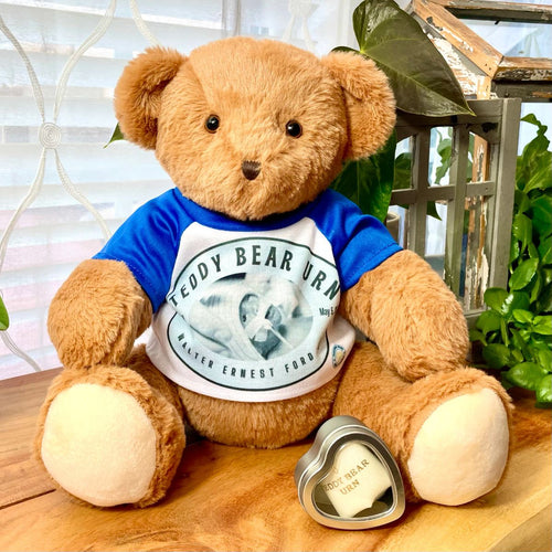 teddy bear urn for human ashes with custom t-shirt