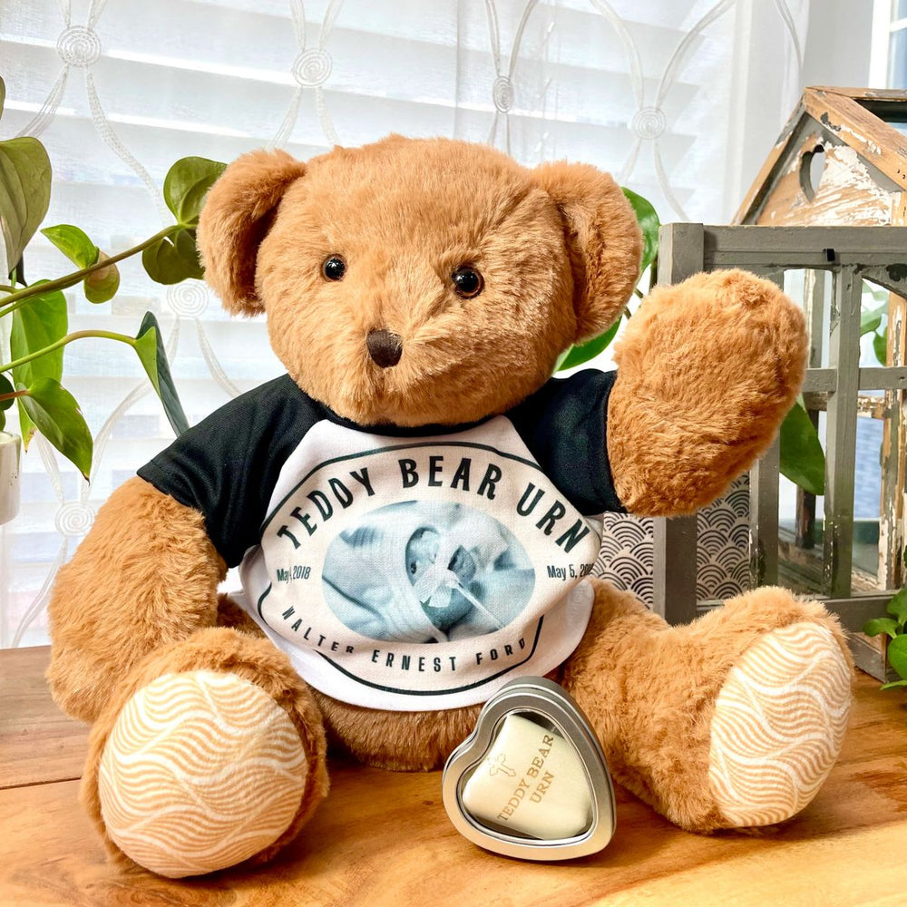 teddy bear urn for human ashes with custom t-shirt