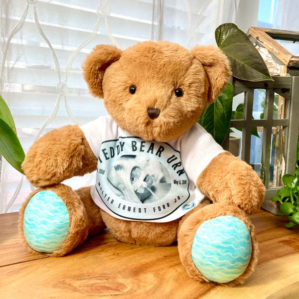 teddy bear urn for human ashes with custom t-shirt