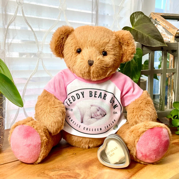 teddy bear urn for human ashes with custom t-shirt